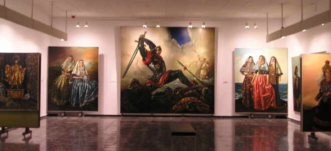 Krekovic, Bildmitte: Balnearischer Steinschleuderer &nbsp;&nbsp;&nbsp;&nbsp;&nbsp;&nbsp;&nbsp;&nbsp; Bild rechts hinten:  Trachten von Mallorca, Ibiza und Menorca